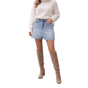 MISSGUIDED Denim High Rise Mini Skirt | Light Wash Distressed Raw Hem | Women 2